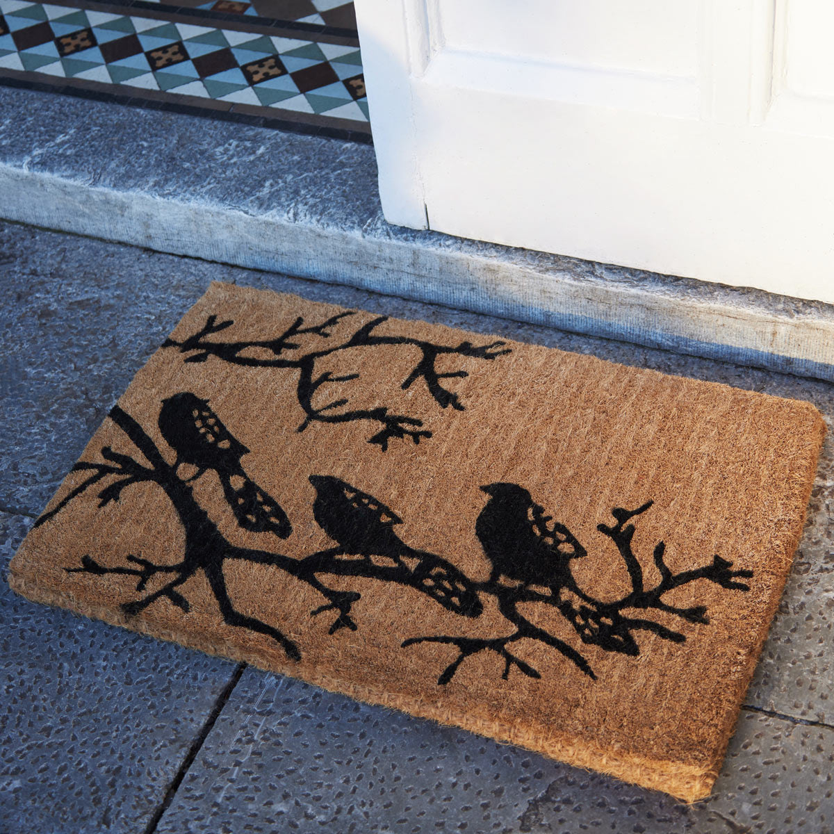 Noir Birds Printed Natural Coir Doormat, Outdoor mats