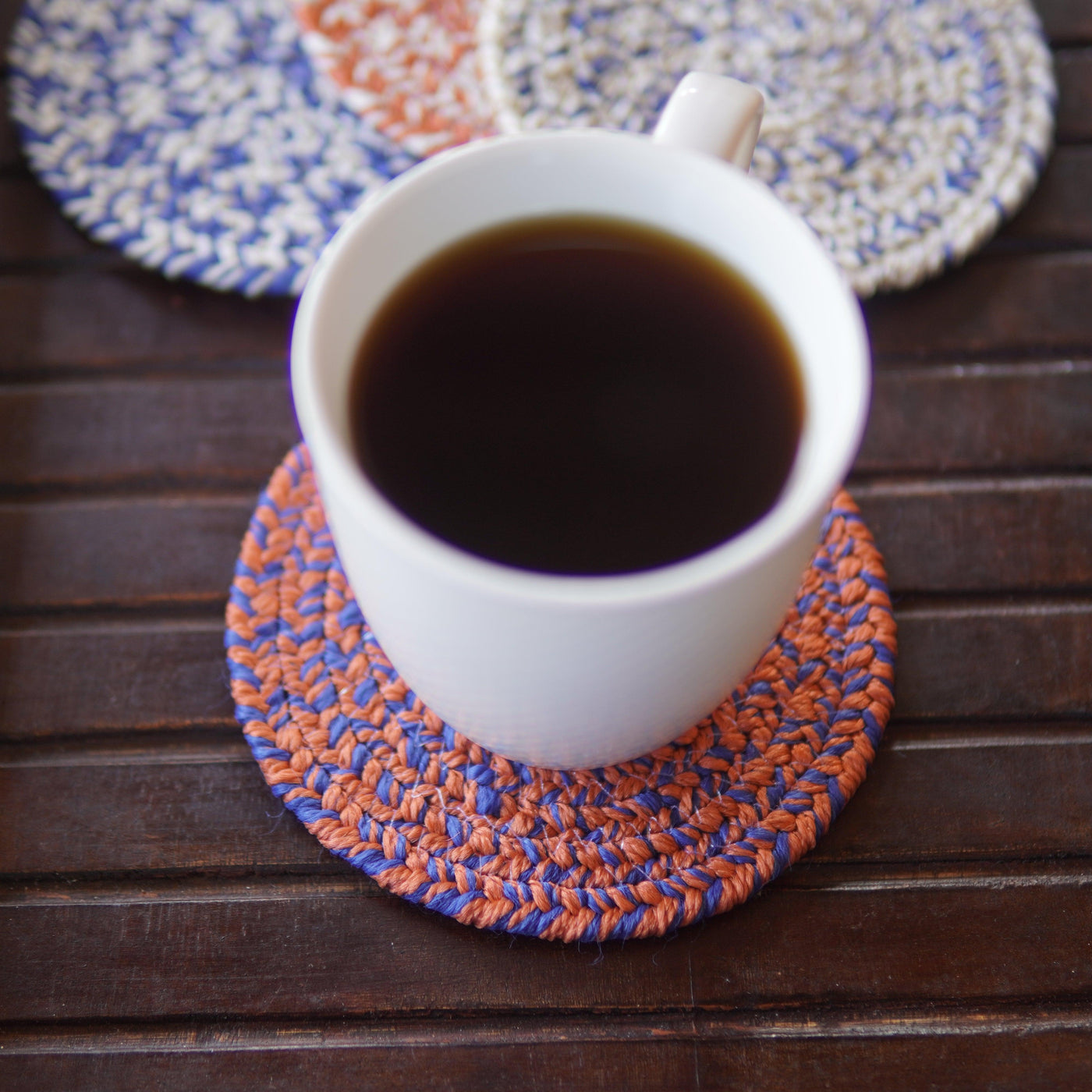 Handmade Light Rust and Cobalt Blue Round Coasters | Antalya Coasters