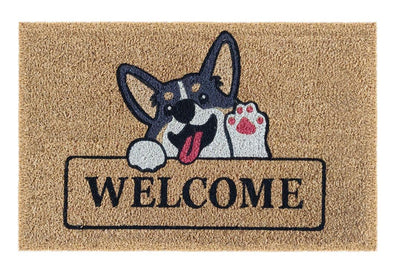 Cheerful Corgi Welcome Printed Coir Doormat, Natural Fiber Doormats