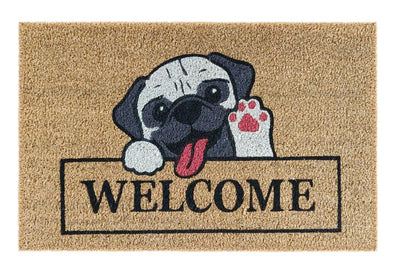 Cheerful Pug Welcome Printed Coir Doormat, Natural Fiber Doormats