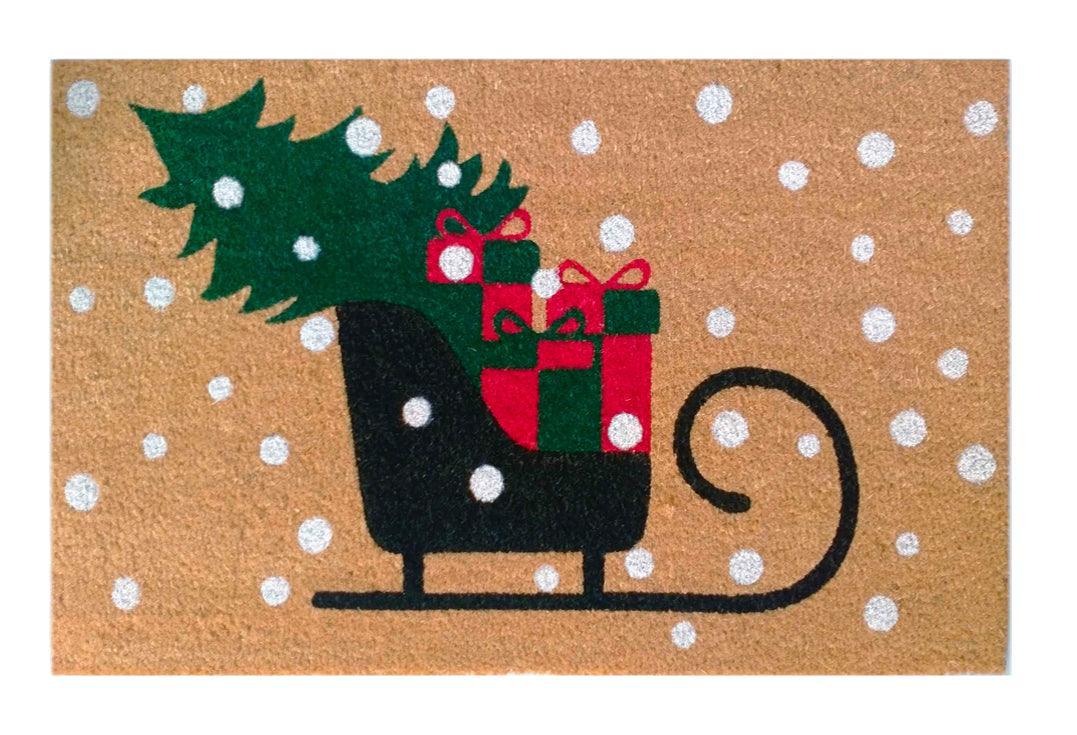 Holiday Sleigh Printed Natural Coir Doormat