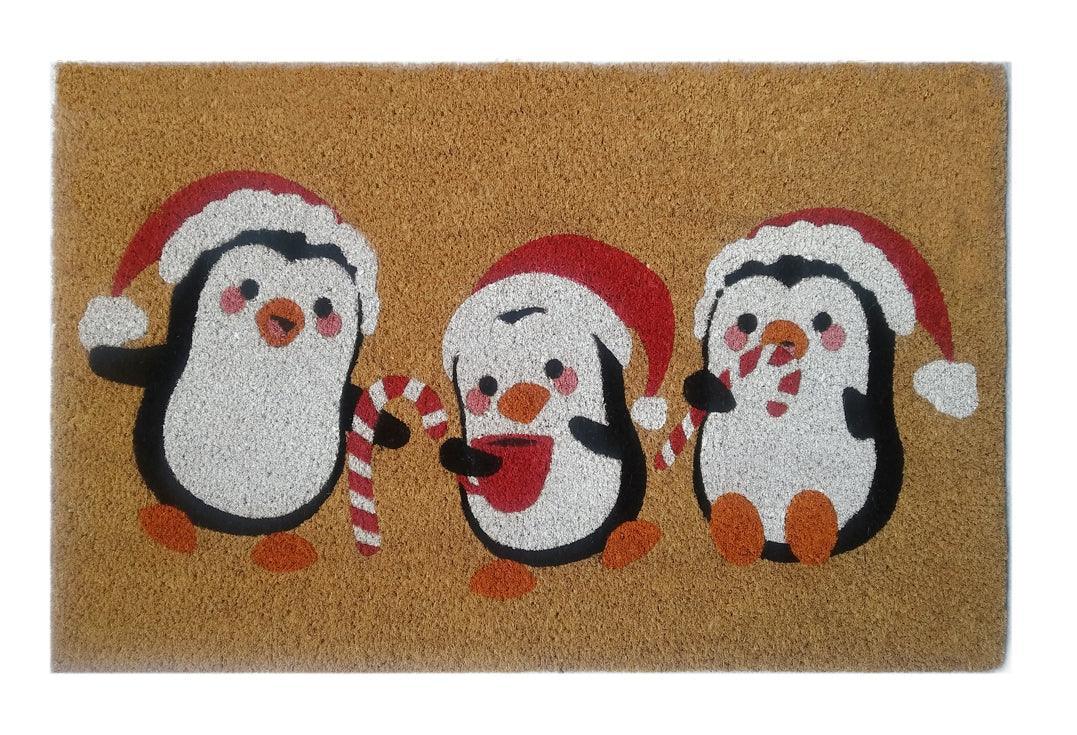 Jolly Penguin Xmas Printed Natural Coir Doormat