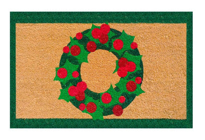 Mistletoe Wreath Printed Natural Coir Doormat, Outdoor mats