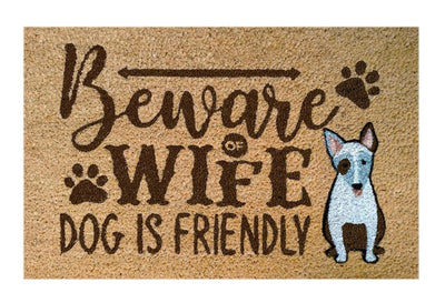 Wife Beware/Friendly Dog Doormat Doormats Animals, Brush, Coco, Coir, Doormats, Pets, Premium - DC Home 